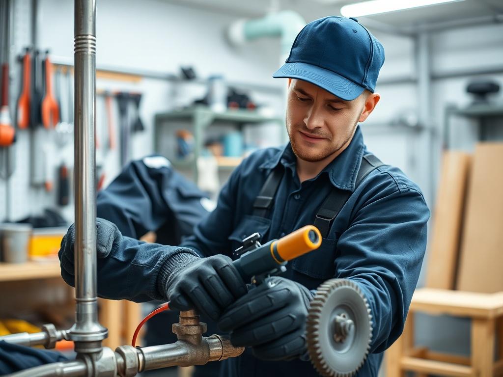 A realistic high-resolution photo of a plumbing workshop. Focus on a skilled plumber working on a pipe installation. The background should be a clean, organized workshop with tools and plumbing materials visible. The lighting should be bright and inviting, emphasizing the hands-on nature of the training. The plumber should be wearing a uniform and using professional tools, showcasing a practical approach to plumbing skills.