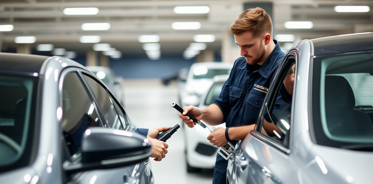 Professional locksmith working on car