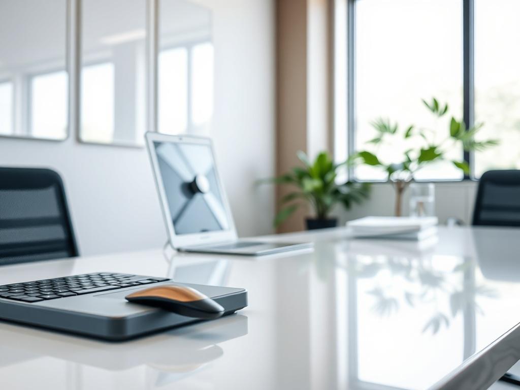 A close up shot of a pristine office space, showcasing