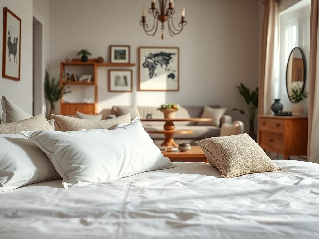 A beautifully arranged Airbnb bedroom, showcasing a freshly made bed with crisp white linens, decorative pillows, and a neatly arranged bedside table. The room is well-lit with natural light streaming through a window, highlighting the clean and inviting atmosphere. The background features a cozy living area with tasteful décor, emphasizing a sense of comfort and cleanliness. The image should be shot with a 45mm f/1.2 lens to capture the details and textures in hyper-realistic quality, focusing solely on th