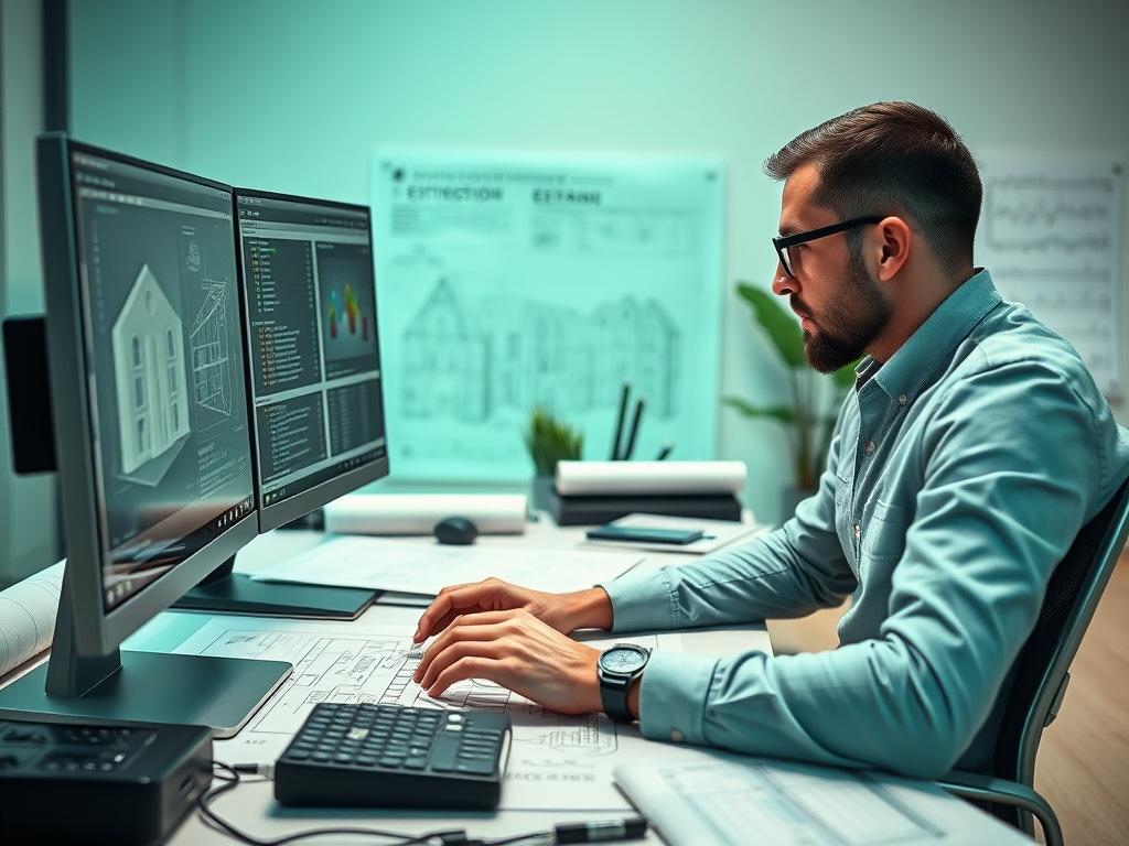 A close-up shot of a modern workspace featuring a professional estimator working intently at a sleek computer, surrounded by architectural blueprints and digital devices. The environment is well-lit, showcasing a blend of technology and traditional estimation tools. The background is simple and uncluttered, emphasizing the focus on the estimator and their tools, with an RGB color scheme highlighting shades of green.