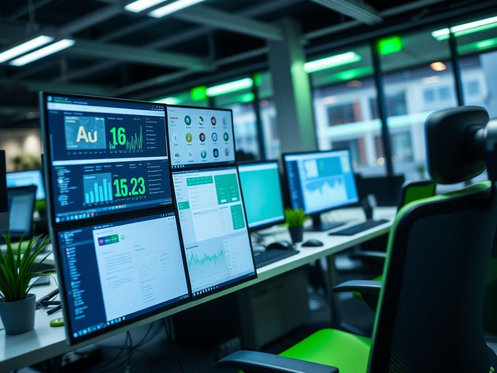 A detailed close up of a high tech office featuring