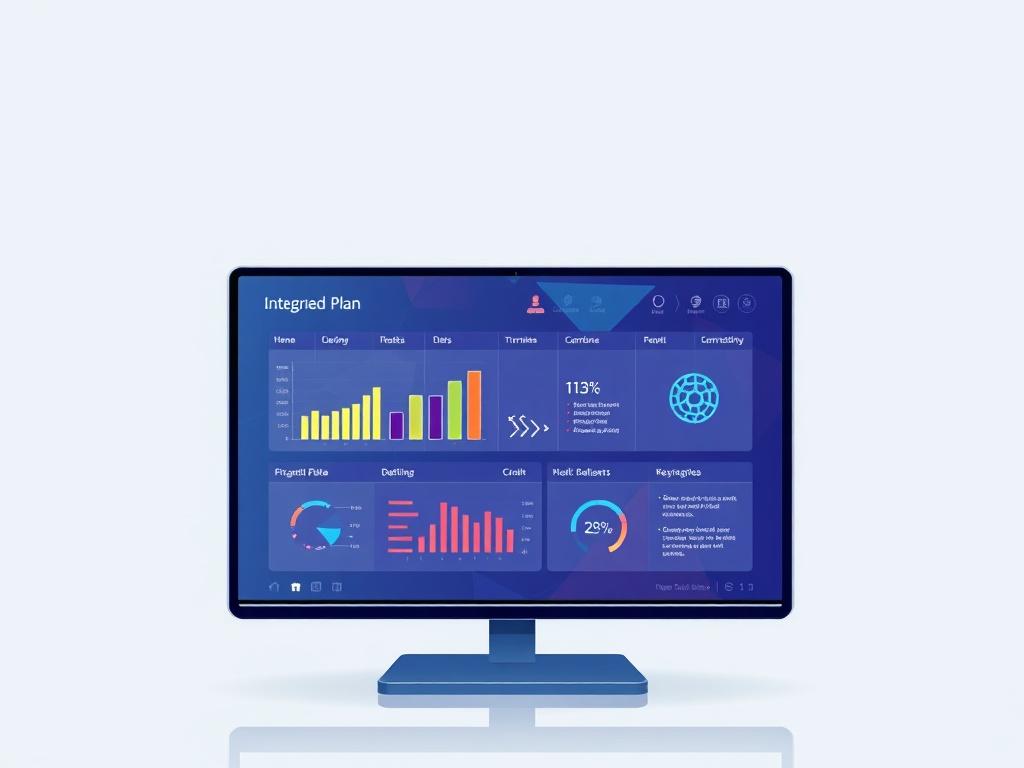 An illustrated integration plan displayed on a digital screen, with charts, timelines, and key performance indicators. The background should be modern and clean, emphasizing clarity and focus on the plan.