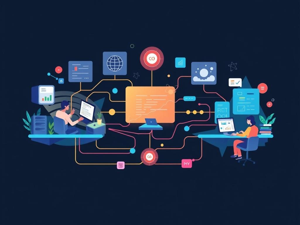 A visual representation of a software implementation process, showcasing team members working on computers, with data flowing between different systems. The design should be dynamic and energetic, indicating progress and collaboration.