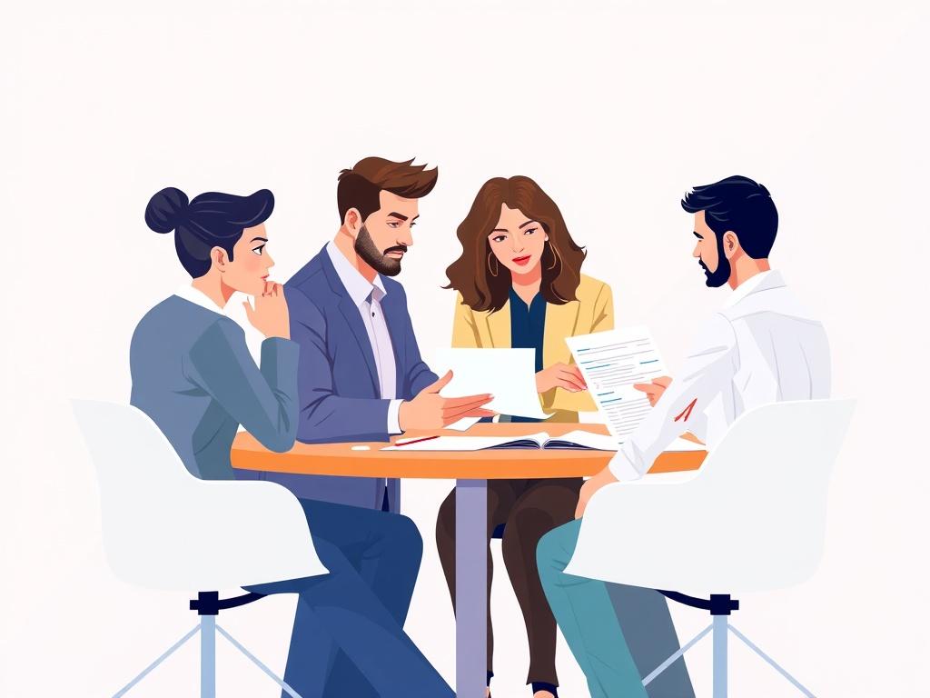 A professional meeting setting with diverse team members discussing and analyzing documents, showcasing engagement and collaboration. The background should be minimalistic and vibrant, highlighting a sense of focus and teamwork.