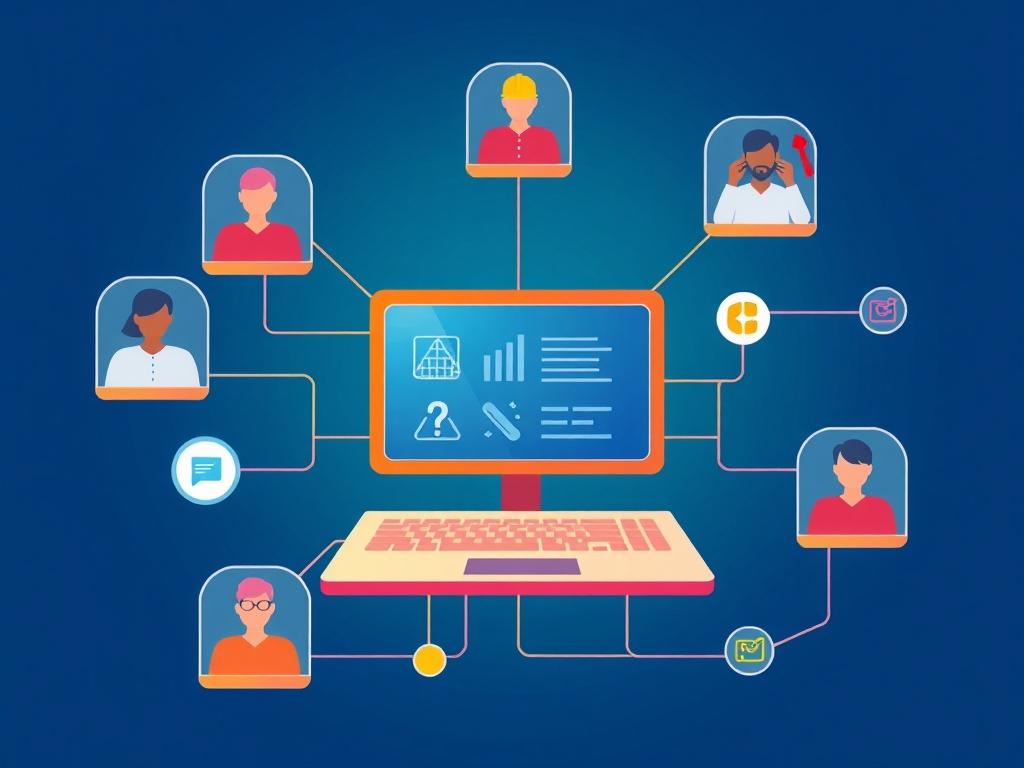 A high-quality illustration depicting a software interface with interconnected components representing Architects, Estimators, and Site Teams. The design should feature geometric shapes and vibrant colors, with a clear focus on the central software interface. The background should be minimalistic, emphasizing the connectivity and collaboration facilitated by the software. Use the primary color rgb(50, 170, 39) prominently in the design.