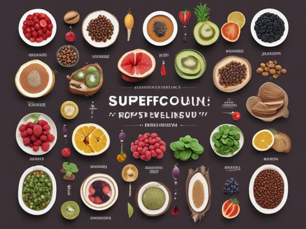 Here are some keywords you can use to generate an image that reflects the blog titled "Unlocking the Power of Superfoods":

1. Superfoods
2. Vibrant colors
3. Fresh fruits and vegetables
4. Nutrient-rich ingredients
5. Health and wellness
6. Smoothies or bowls
7. A variety of grains and seeds
8. Nature and vitality
9. Wholesome meals
10. Organic and natural
11. Energy and nourishment
12. Colorful food display
13. Ingredients like kale, berries, nuts, and chia seeds
14. Healthy lifestyle
15. Clean eating

Us