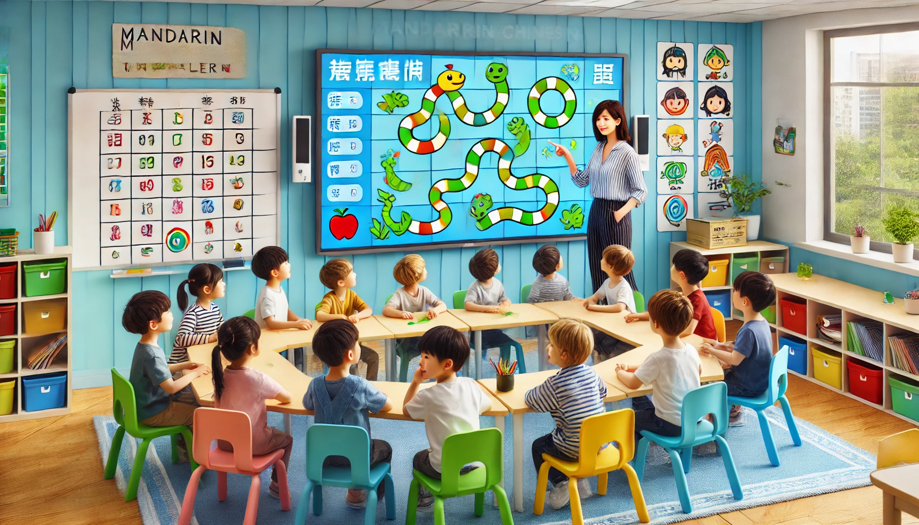 dall·e 2025-02-09 19.55.40 - a colorful classroom with light blue walls, filled with eight to ten children aged 5-6 learning mandarin with their teacher. the walls are adorned wit.webp