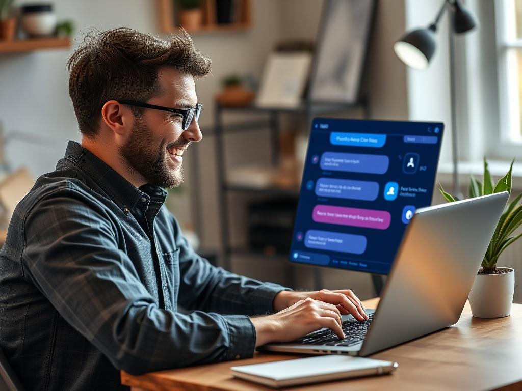 A small business owner interacting with a custom AI chatbot