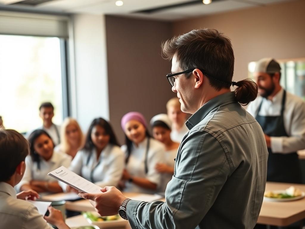 A food safety trainer conducting a workshop with a diverse