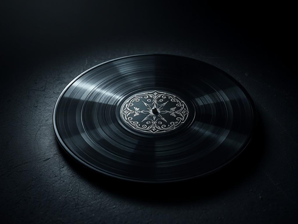 A high-resolution photo of a sleek, black vinyl record with metallic silver accents, resting on a dark, textured surface. The background is deep shadows with dramatic lighting creating rich contrasts, emphasizing the dark industrial aesthetic. The vinyl features intricate artwork that reflects a cinematic metallic theme, enhancing the atmosphere of mystery and depth.