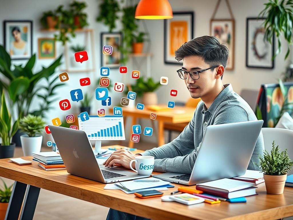 A vibrant and engaging scene depicting a young adult brainstorming