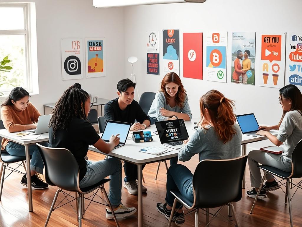 A dynamic workshop setting featuring a group of young adults