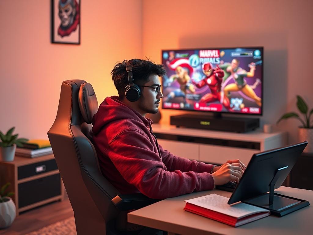 Create a highly detailed and realistic high-resolution photo that embodies the theme of "Ultimate Guide to Marvel Rivals Strategies." The composition should be simple and clear, featuring a single subject: a focused gamer sitting in a cozy, well-lit room. The subject is deeply engaged in playing Marvel Rivals on a sleek gaming console, displaying a look of concentration on their face. 

The background should be minimalistic and inviting, featuring soft warm colors that complement the primary color rgb(193, 
