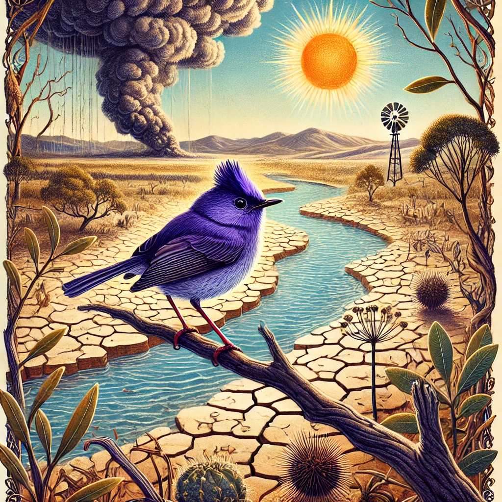 dall·e 2024-12-14 18.17.53 - a poignant illustration showing the purple-crowned fairy-wren in its fragile habitat. the bird is perched on a branch surrounded by dry, cracked soil .webp