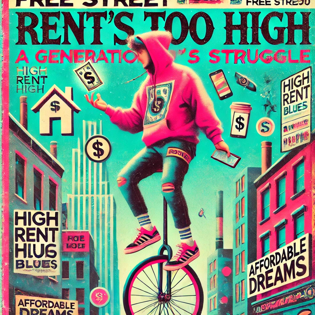 dall·e 2024-11-30 15.46.17 - a vibrant and edgy magazine cover inspired by free street and indie music magazines. the title at the top reads 'rent's too high_ a generation's strug.webp