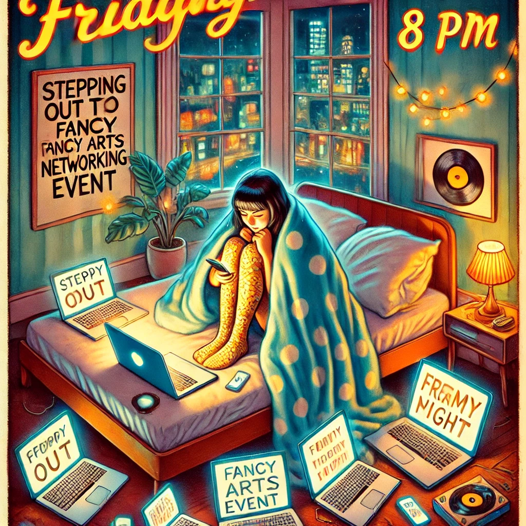 dall·e 2025-01-25 15.55.53 - a whimsical 1950s-style magazine illustration capturing a young adult sitting on their bed at 8 pm on a friday night. the scene is cozy but ironic, fe.webp