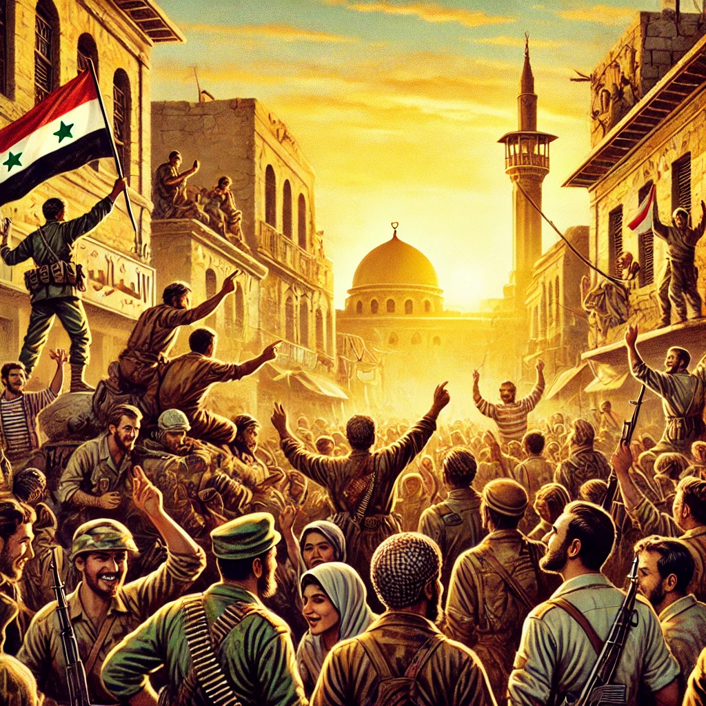 dall·e 2024-12-10 06.36.40 - a detailed illustration in the style of a 1950s magazine cover_ a bustling damascus street bathed in the golden light of dawn. rebel fighters, wearing.webp