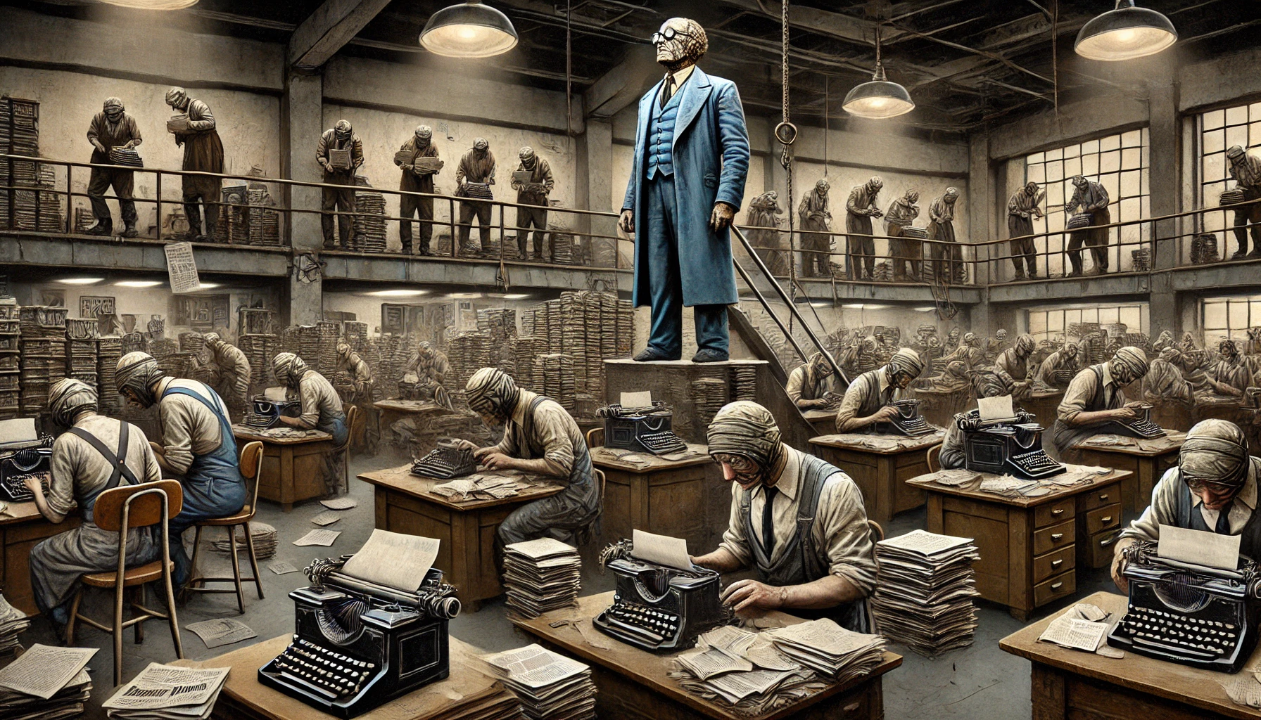 dall·e 2025-01-07 08.34.31 - a satirical depiction of a 1960s-style newspaper newsroom, where the reporters appear constrained and overburdened, wearing antiquated and ragged work.webp