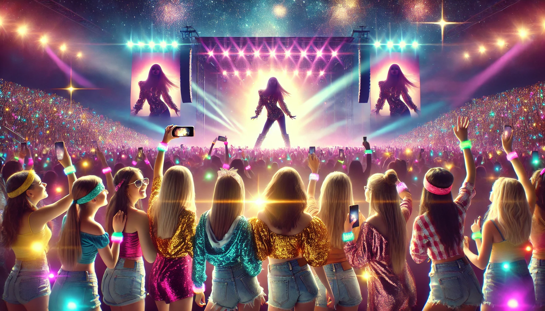 dall·e 2024-11-24 11.36.11 - a visually compelling landscape image depicting a group of teenage girls at a vibrant pop concert, capturing the emotional connection and cultural phe.webp