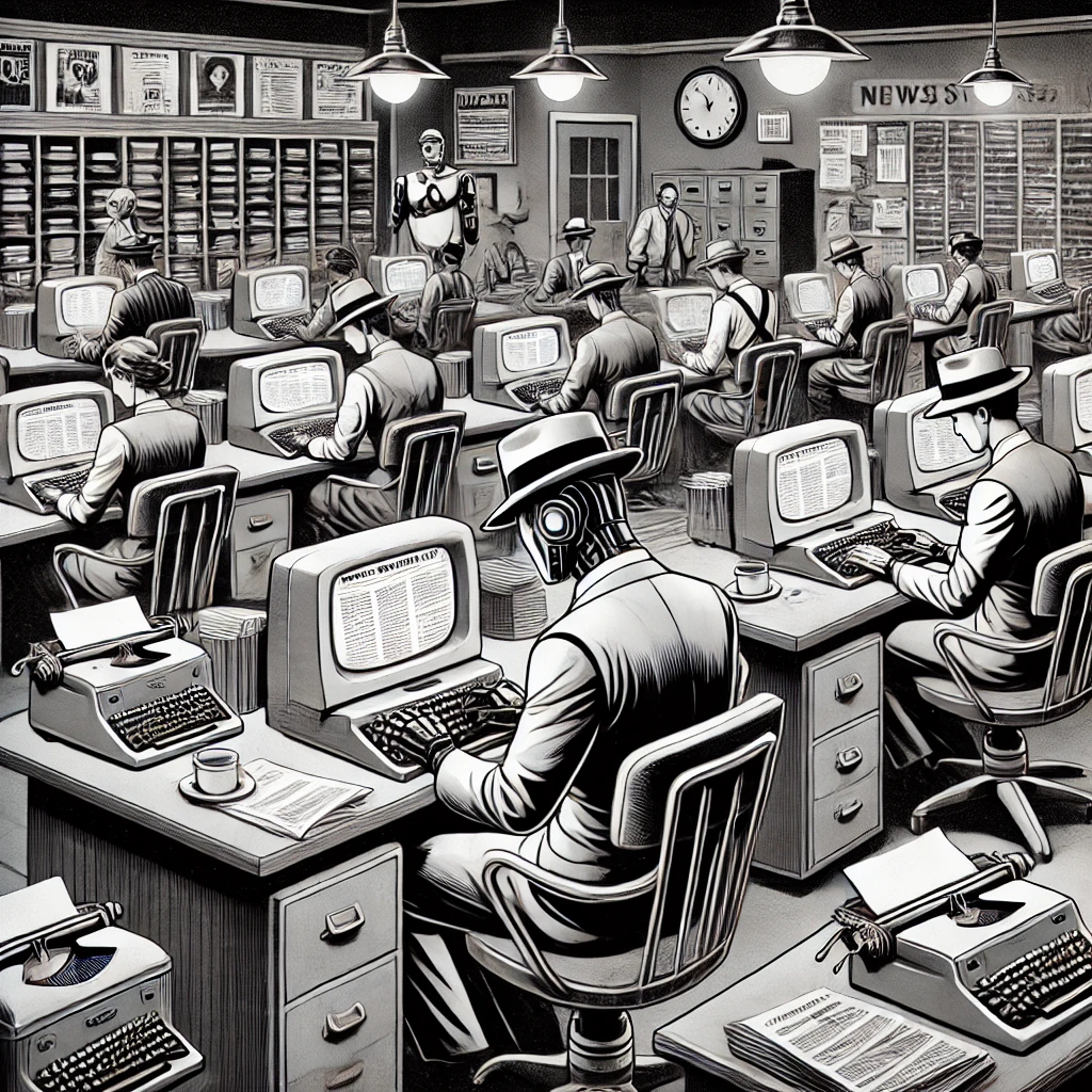 dall·e 2025-02-20 07.57.38 - a black and white illustration of a 1950s-style newsroom. reporters wearing classic fedoras and suits are seated at desks, typing on modern computers .webp
