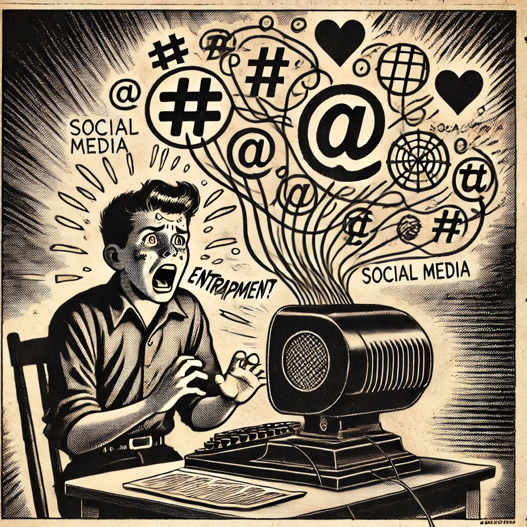 dall·e 2024-12-02 07.20.01 - a vintage 1950s-style black-and-white newspaper illustration depicting a young person sitting in front of an old-fashioned computer screen with a dist.webp