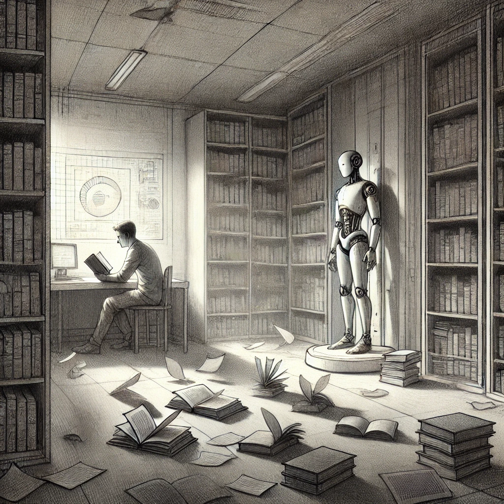 dall·e 2024-12-31 14.34.35 - a pencil-style illustration showing a futuristic classroom. the focus is on a dimly lit corner where a human figure is intently reading old, tattered .webp