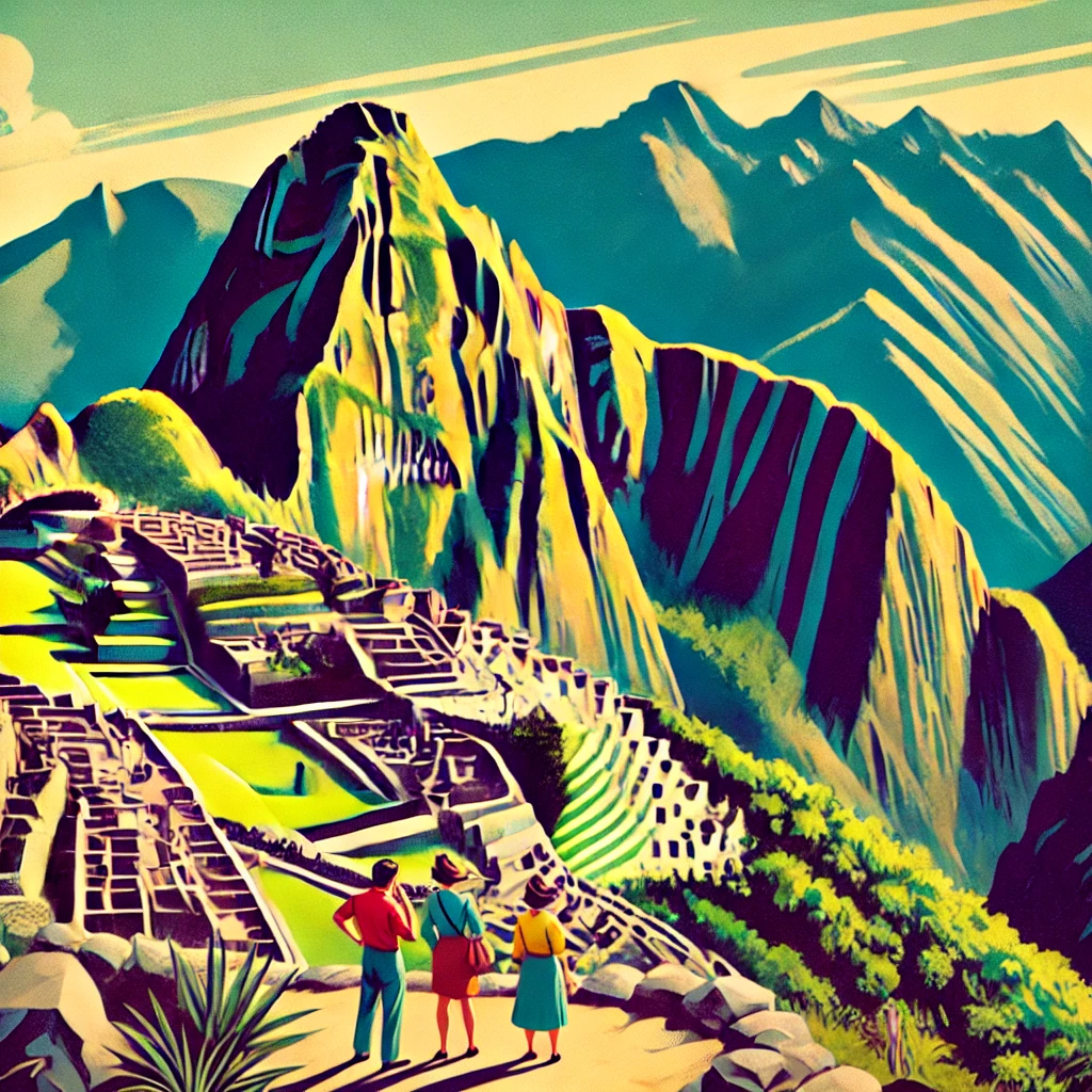 dall·e 2024-12-23 13.21.26 - a 1950s-style magazine illustration of machu picchu, set against a dramatic andean mountain backdrop. the scene includes vibrant, stylized details of .webp
