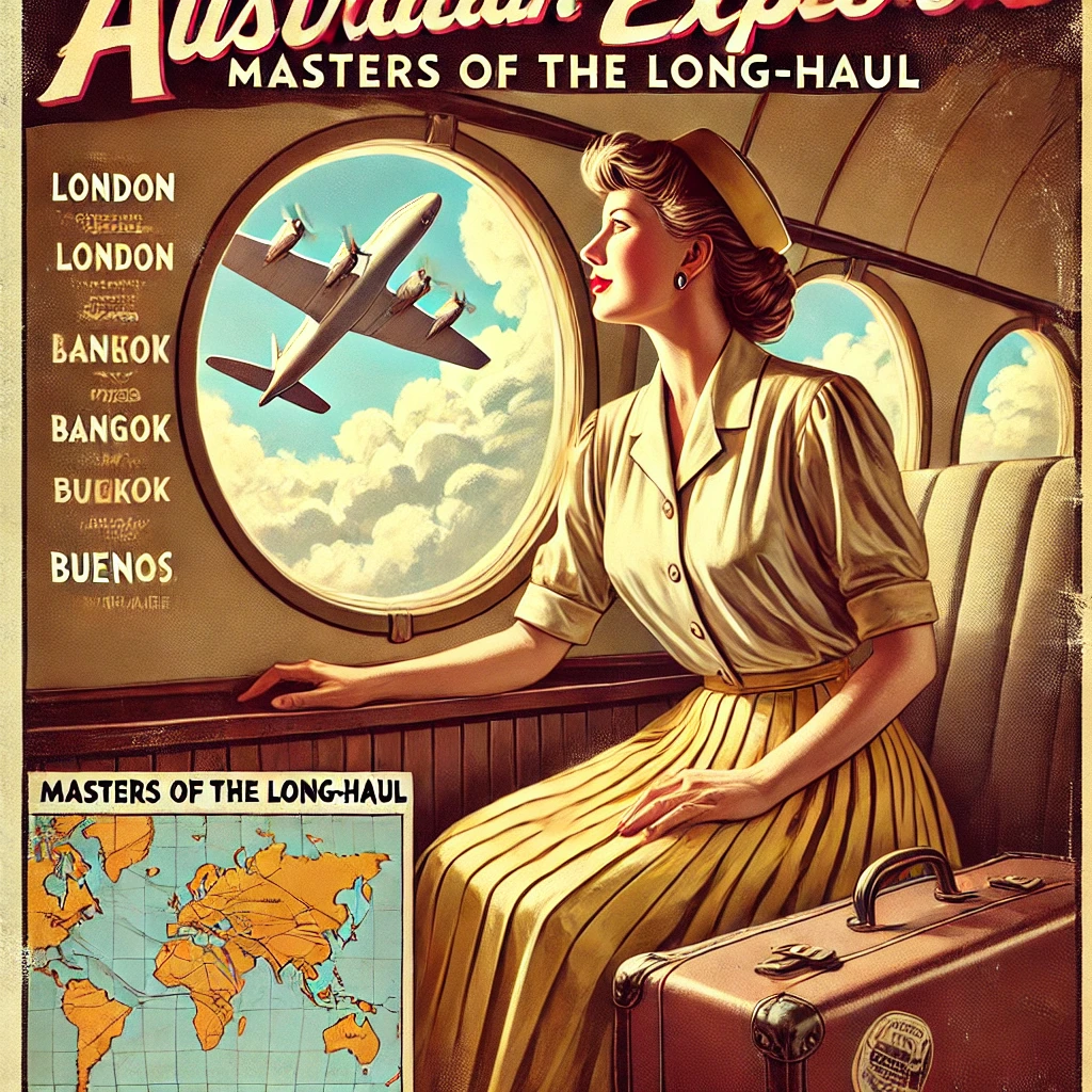 dall·e 2025-02-01 17.24.50 - a vintage-style 1950s travel magazine cover featuring an illustration of an adventurous australian woman traveler sitting inside a retro airplane, loo.webp