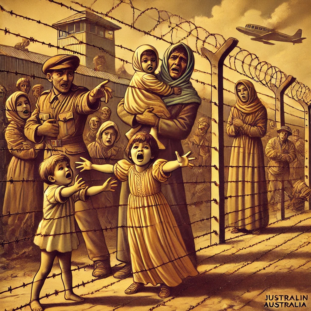 dall·e 2024-11-28 09.14.40 - a 1950s australia-inspired magazine cover featuring a poignant and emotional scene of middle eastern children being torn away from their parents, who .webp