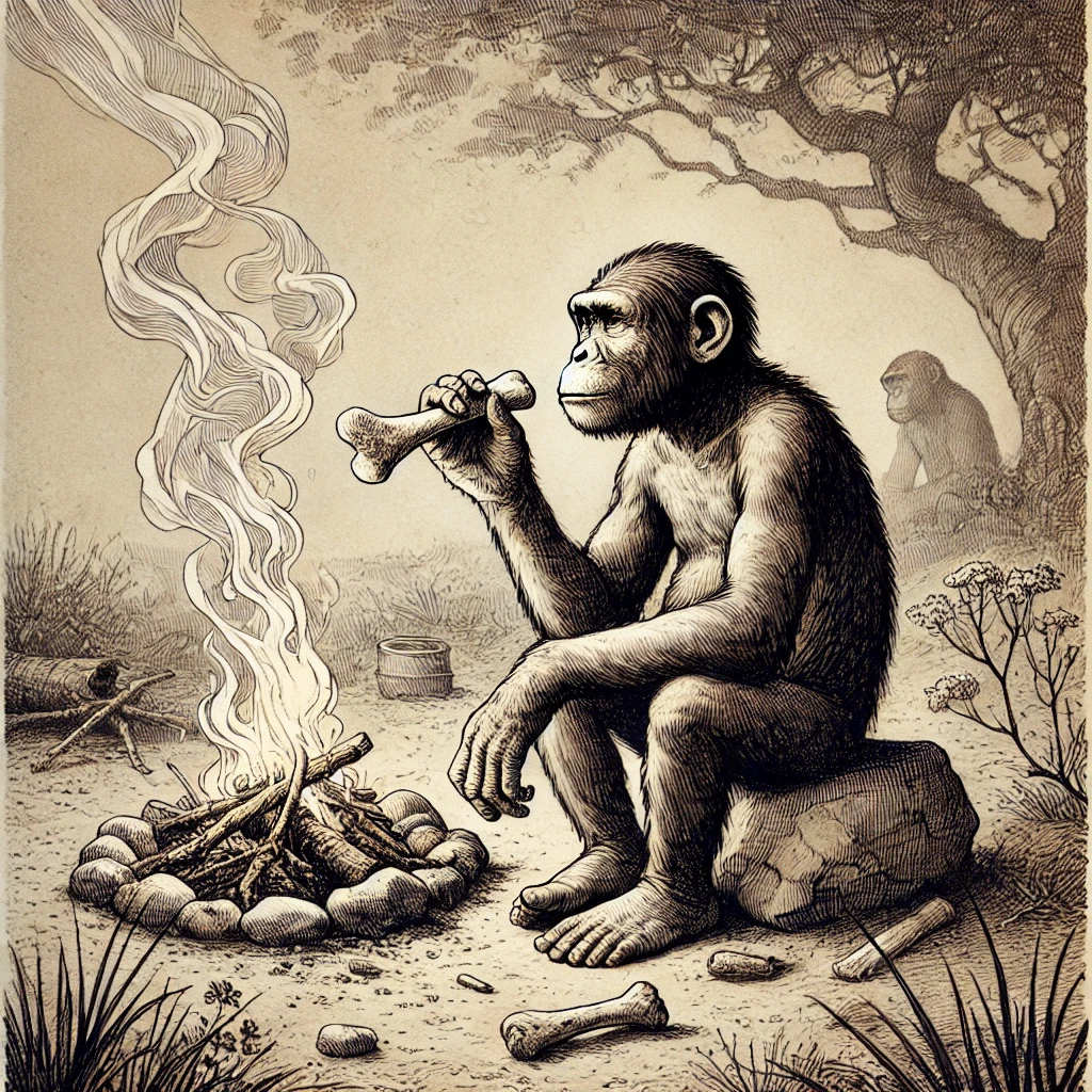 dall·e 2024-11-30 21.53.02 - an artistic illustration of australopithecus afarensis, represented as lucy, sitting around a fire and chewing on a large bone. the image is created i.webp