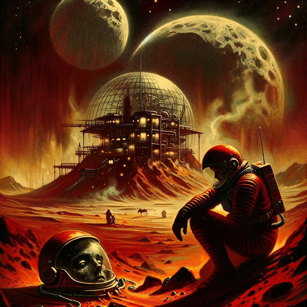 dall·e 2025-02-21 12.46.50 - a vintage 1950s science fiction magazine cover depicting a desolate martian landscape. in the foreground, a human astronaut in a retro-futuristic spac.webp