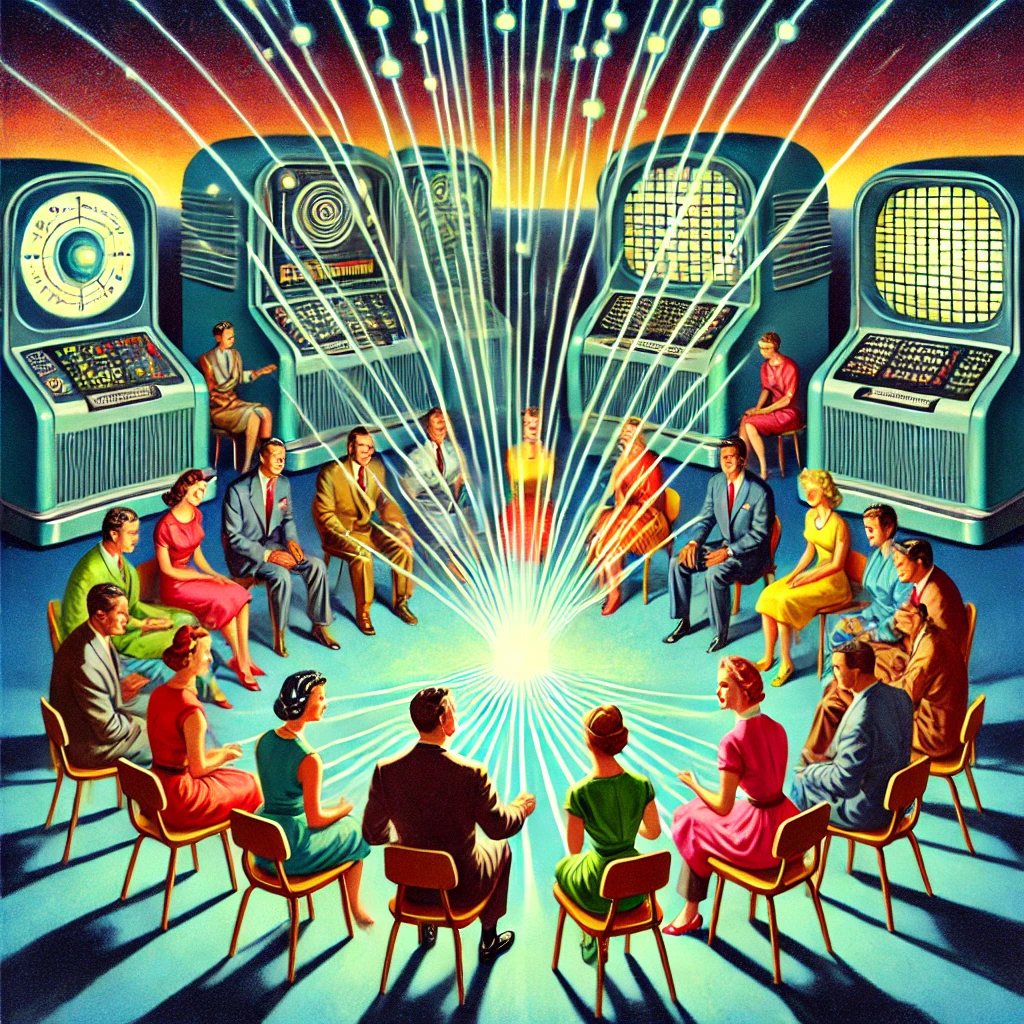 dall·e 2024-12-13 16.24.13 - a retro-style 1950s magazine illustration depicting a futuristic scene of human collective intelligence. a diverse group of people seated in a circle .webp