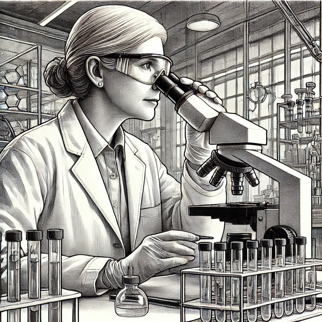 dall·e 2024-12-30 08.57.17 - a pen and ink drawing of a mature female scientist wearing a lab coat and personal protective equipment (ppe), including safety goggles and gloves. sh.webp