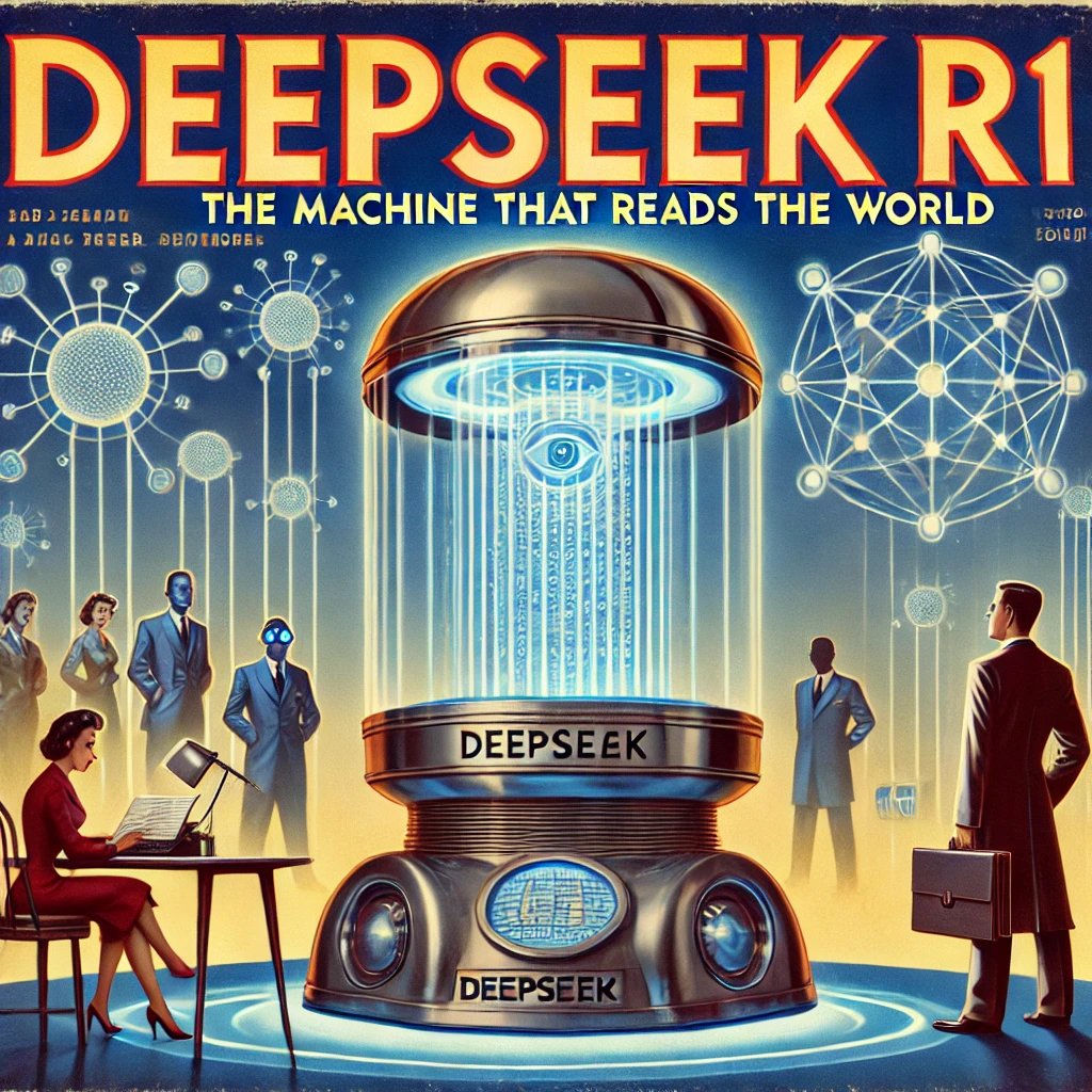 dall·e 2025-01-25 10.49.42 - a 1950s-style magazine cover illustration depicting a futuristic ai-powered machine named deepseek r1. the machine is sleek, glowing with a soft blue .webp