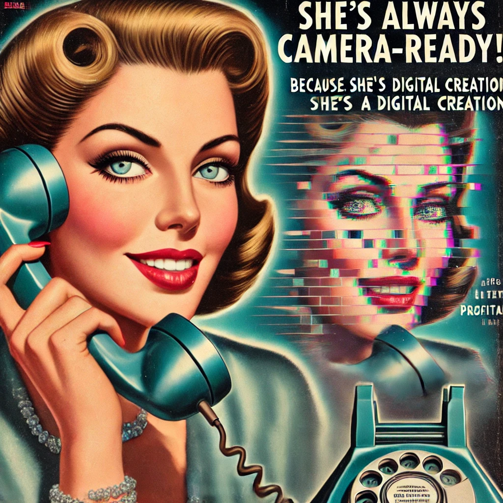 dall·e 2025-02-04 18.17.23 - a glamorous 1950s-style magazine cover featuring a stunning woman with eerily perfect features—cheekbones sharp enough to cut glass, eyes too symmetri.webp