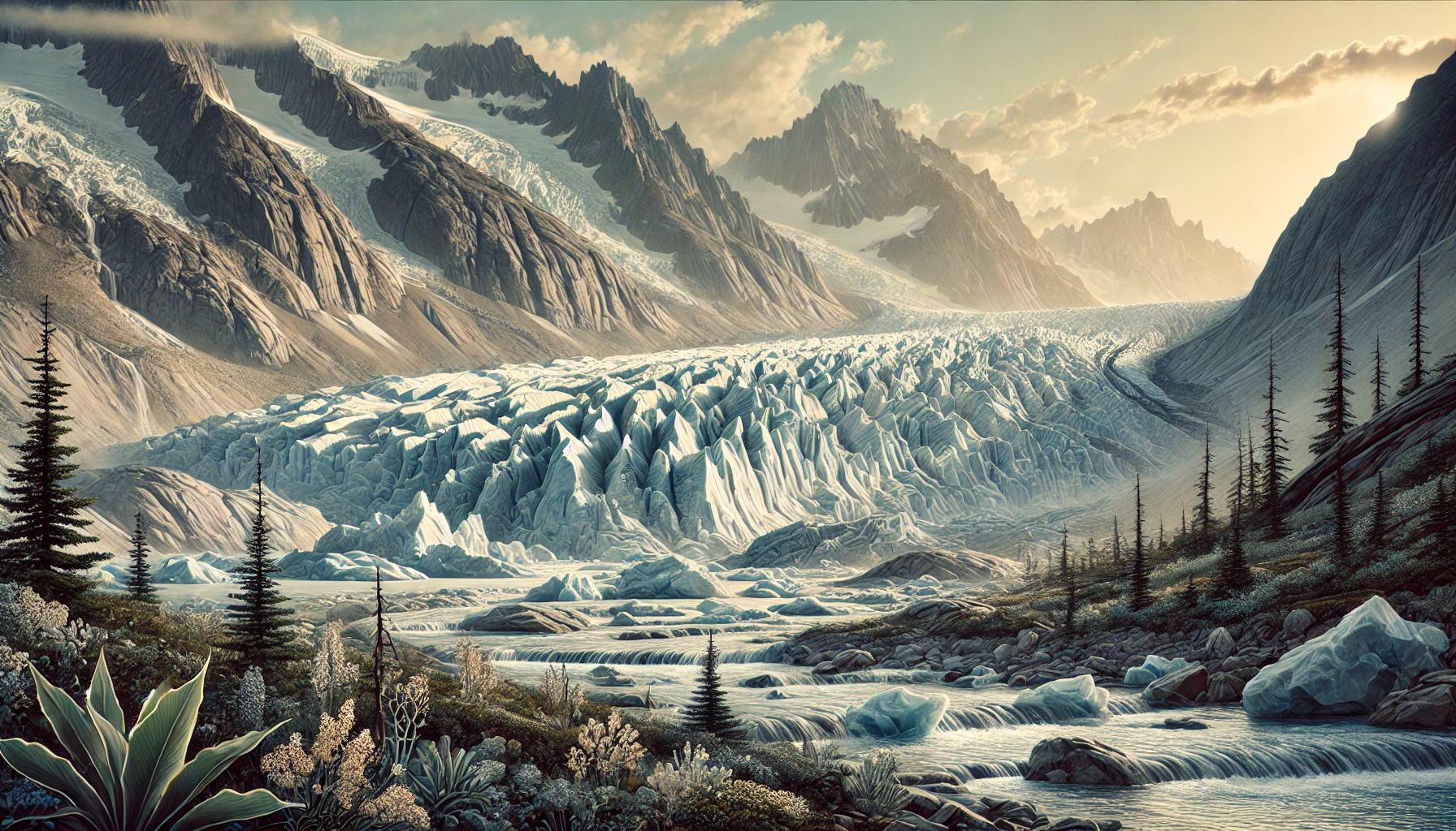 dall·e 2024-11-24 11.16.09 - a realistic and visually compelling landscape image depicting a glacier melting in a mountainous environment, crafted in an illustrative style reminis.webp
