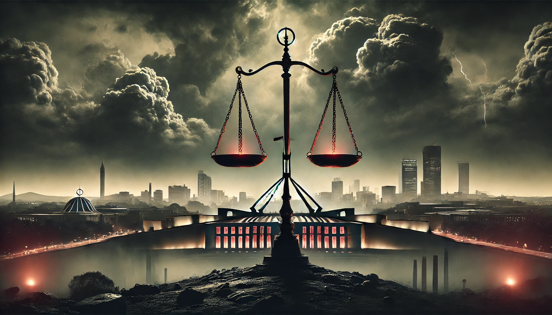 dall·e 2024-11-24 11.52.17 - a visually compelling landscape image depicting the theme of compromised justice and institutional integrity, featuring a recognisable canberra skylin.webp