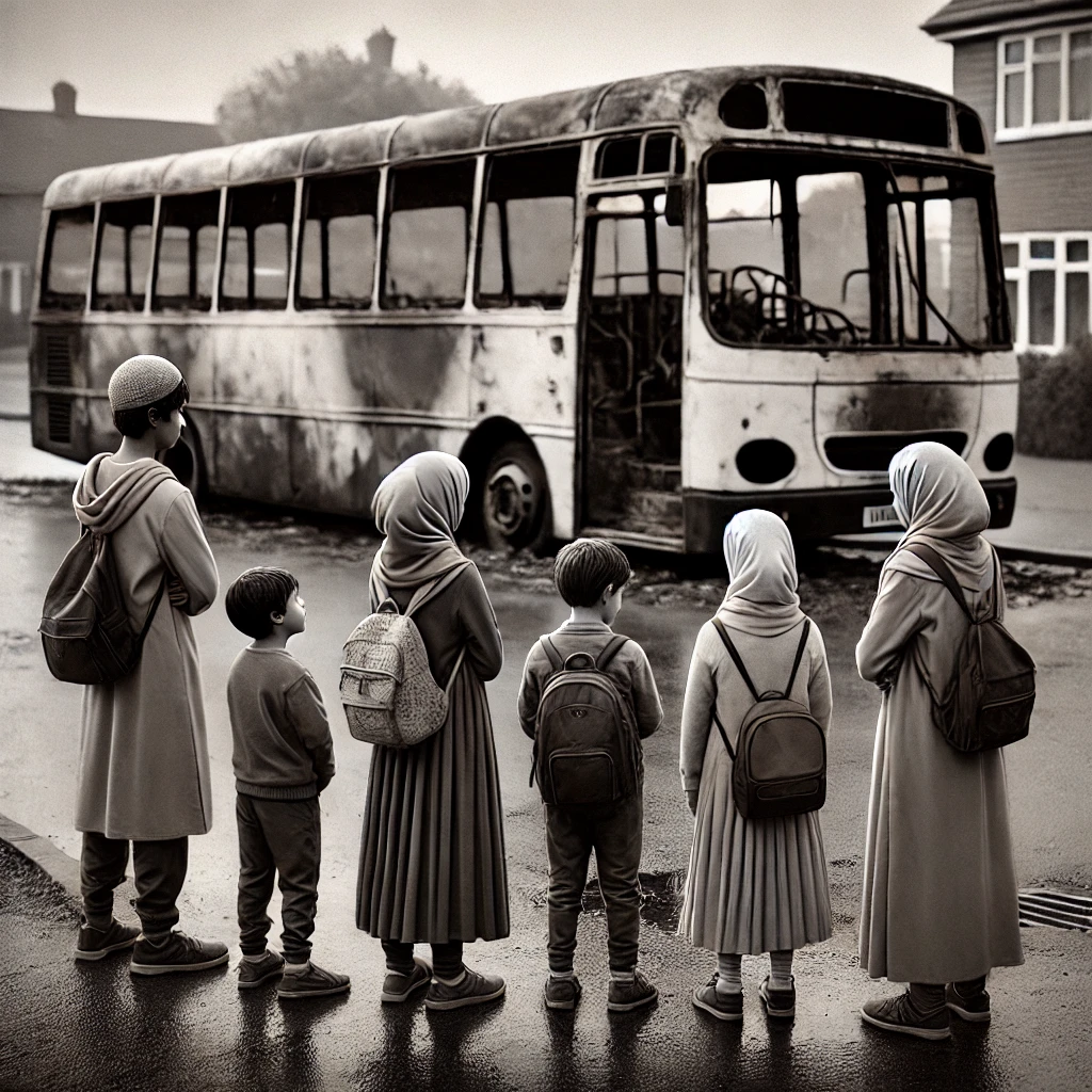 dall·e 2024-12-11 06.55.48 - a black-and-white image depicting a poignant scene of muslim children standing together and looking at a burned-out school bus. the children are dress.webp