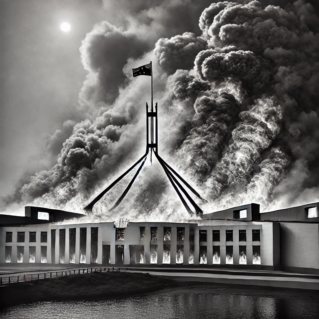 dall·e 2024-12-23 09.28.49 - a photo-realistic black and white image of australia's parliament house engulfed in a dramatic wildfire. the flames and smoke consume parts of the ico.webp