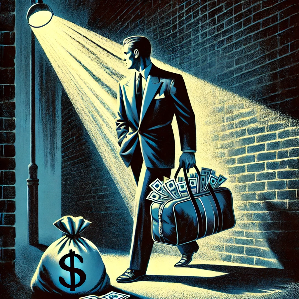 dall·e 2025-02-09 18.42.24 - a 1950s-style magazine illustration depicting a well-dressed executive in a sleek business suit, carrying a duffel bag overflowing with cash. the scen.webp