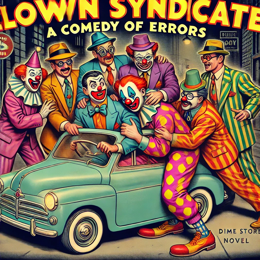 dall·e 2024-11-26 08.15.45 - a vivid illustration in the style of a 1950s dime store novel cover, featuring a group of gangsters dressed as clowns attempting to cram into a tiny v.webp