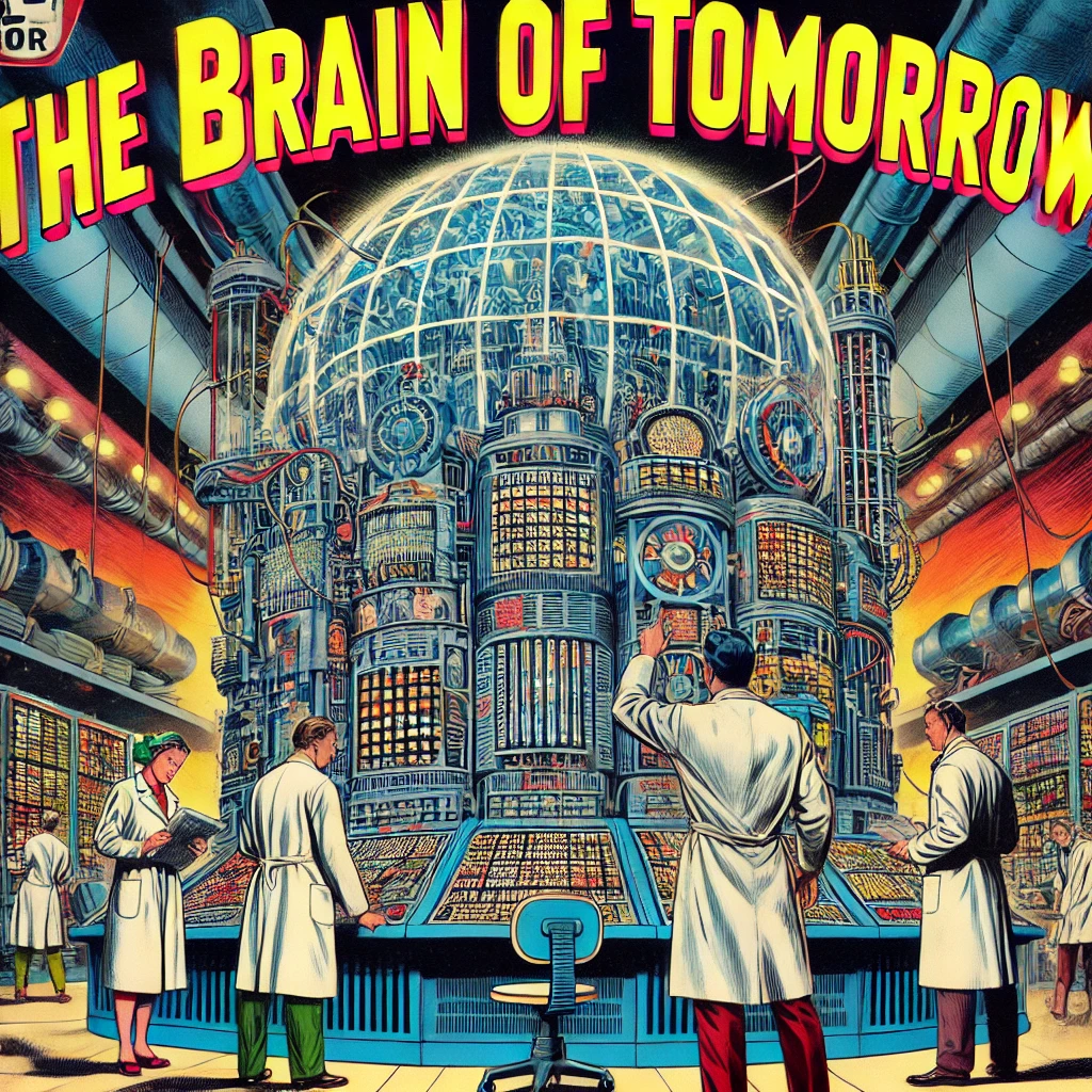 dall·e 2024-11-27 06.48.51 - a 1950s science fiction comic book cover featuring scientists in white lab coats tinkering with a massive, futuristic computer. the computer is a towe.webp