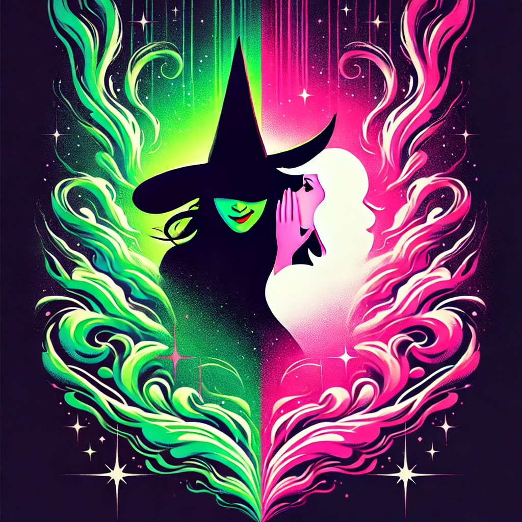 dall·e 2024-12-07 08.10.19 - a bold and artsy promo poster for the movie wicked, featuring a neon green and bubblegum pink color palette. the poster showcases silhouettes of elpha.webp