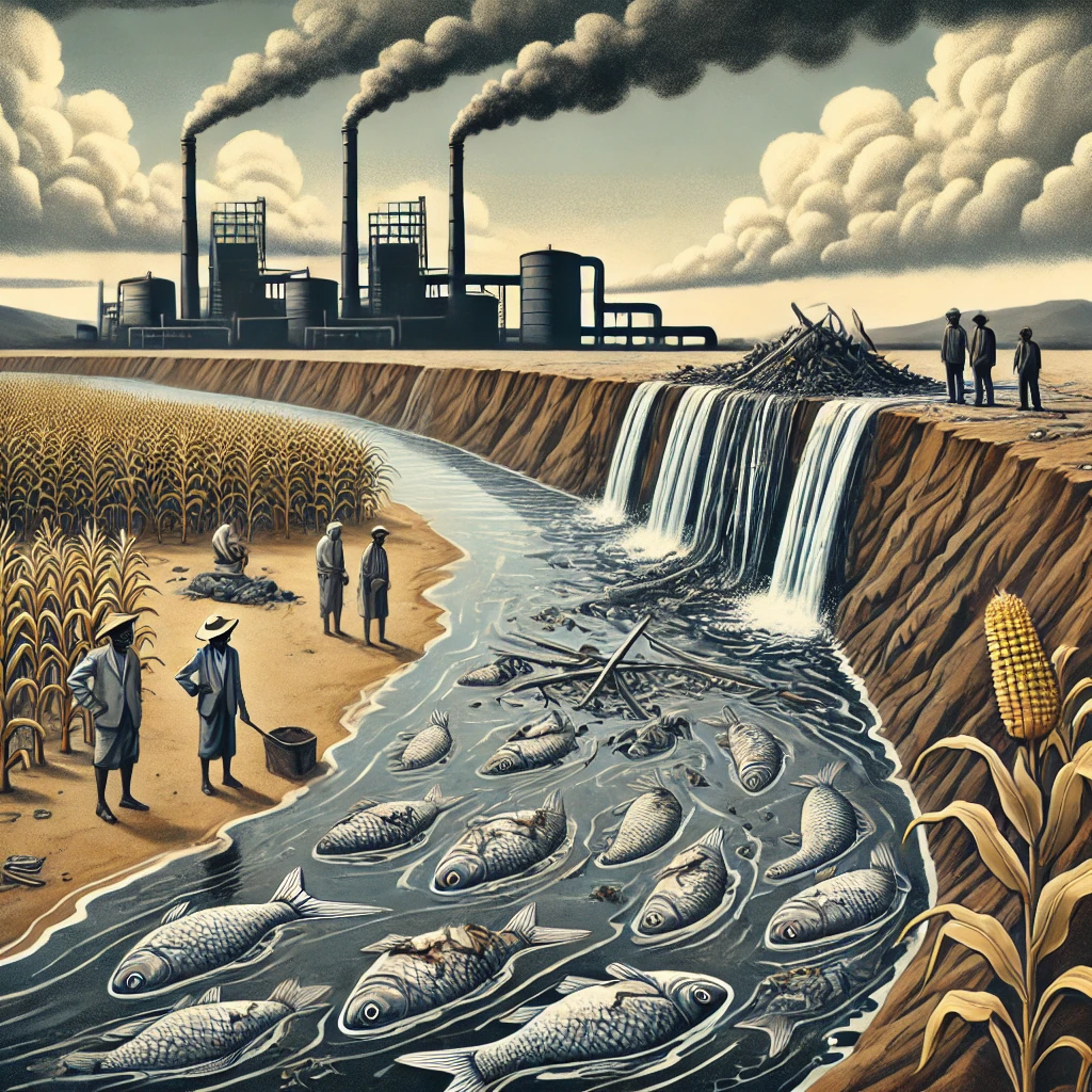 An illustration of the Polluted Kafue River after tailings dam collapse in Chambishi, Zambia