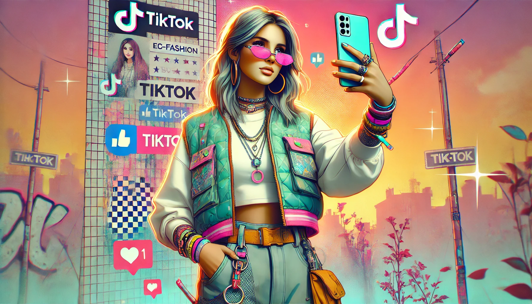 dall·e 2024-12-05 17.02.06 - a vibrant and dynamic digital illustration of a young woman influencer taking a selfie. she is stylishly dressed in eco-fashion made from recycled mat.webp
