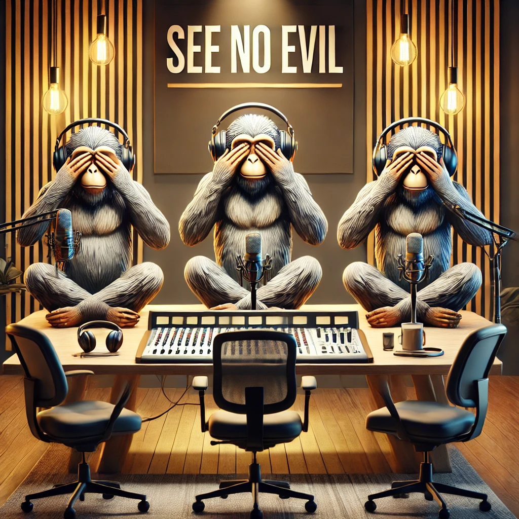 dall·e 2024-11-24 13.26.46 - create an artistic image of the three wise monkeys sitting in a modern podcast studio, all of them posed as 'see no evil,' each covering their eyes. t.webp