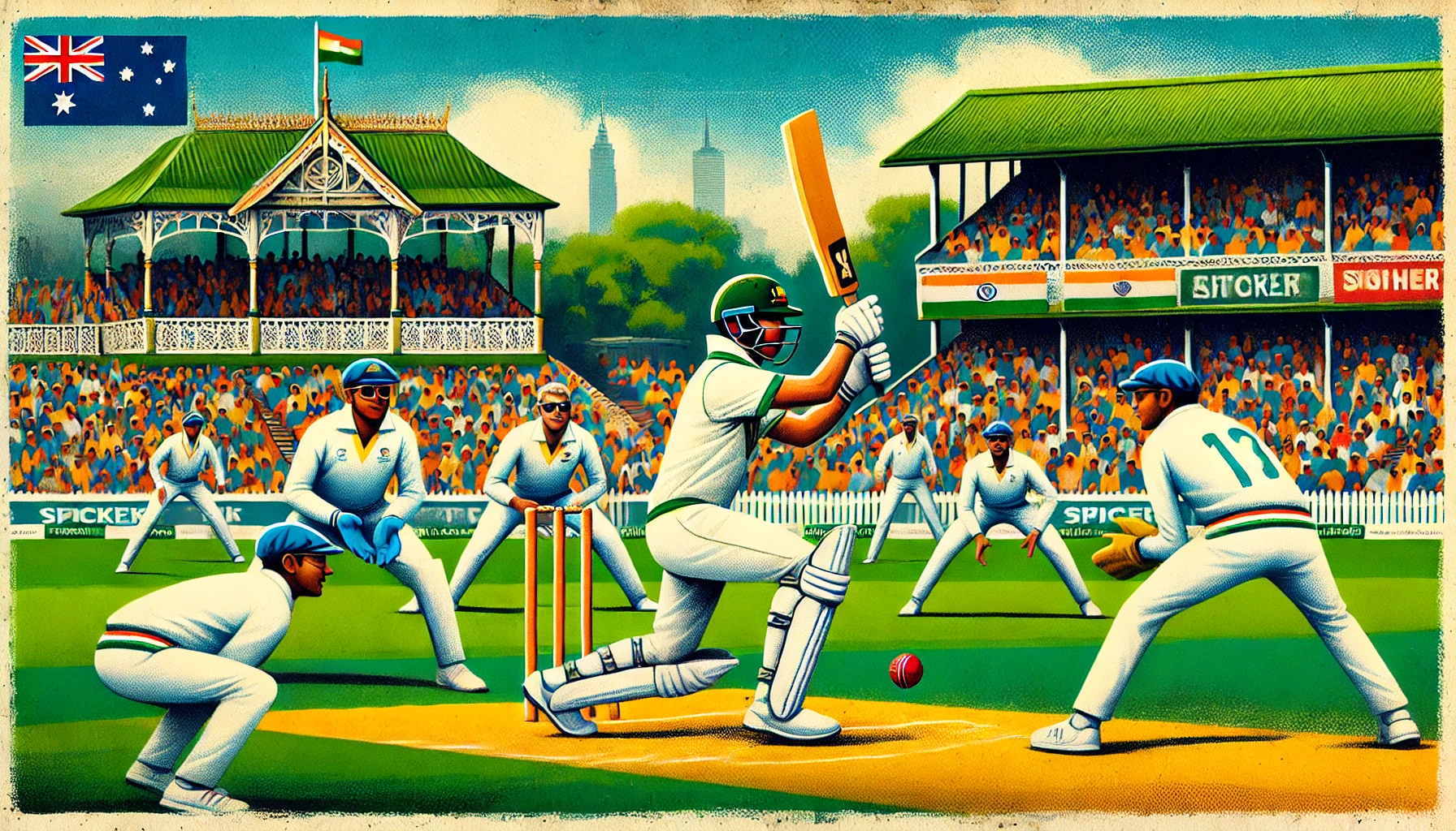 dall·e 2024-12-16 09.17.19 - a vibrant illustration of an australian cricket team batting in a test match against india. the scene features an australian batsman in a classic batt.webp
