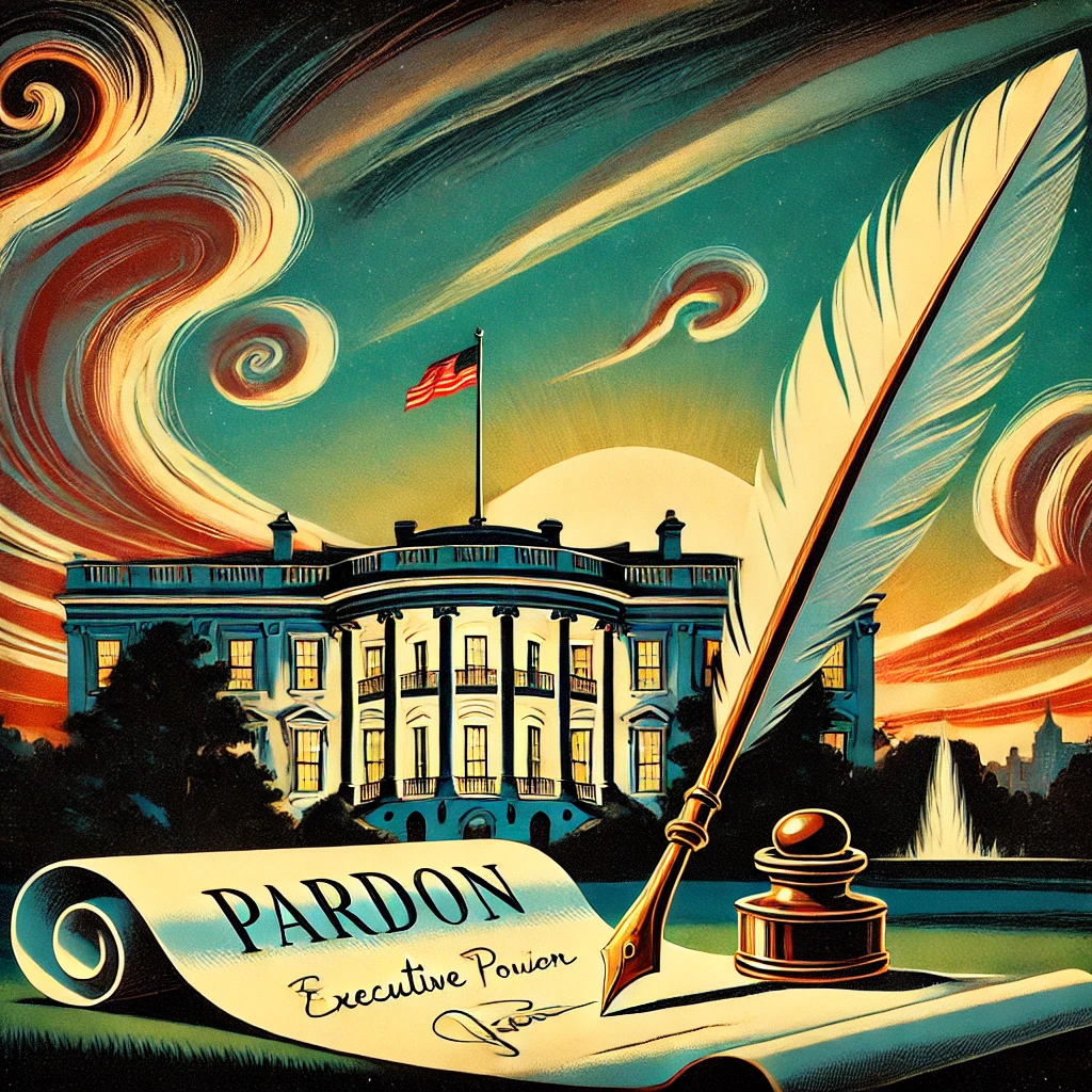 dall·e 2024-12-02 14.12.13 - a stylized 1950s magazine illustration of the white house at dusk, with dramatic shadows and bold retro colors. the foreground includes a large quill .webp