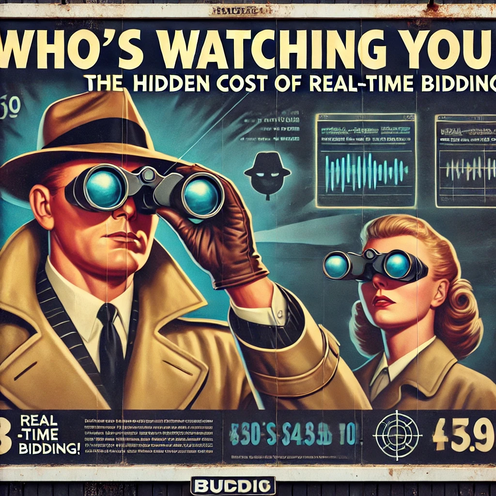dall·e 2024-12-20 13.09.55 - a vintage-style advertising billboard in a 1950s aesthetic, featuring an illustration of spies dressed in trench coats and fedoras, looking through bi.webp